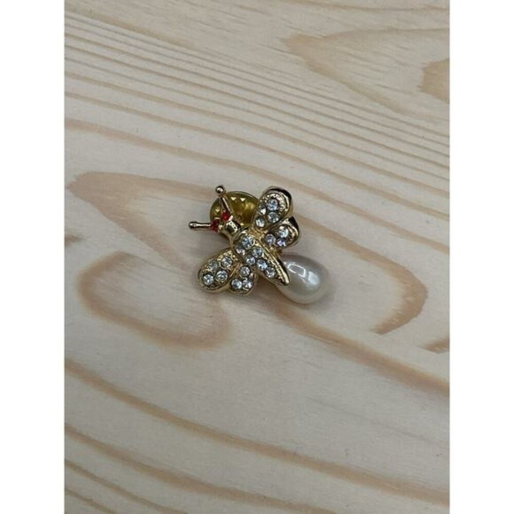 Vintage Faux Pear Belly Bumble Bee Tie Lapel Tack Pin Red Eyes Clear Rhinestones